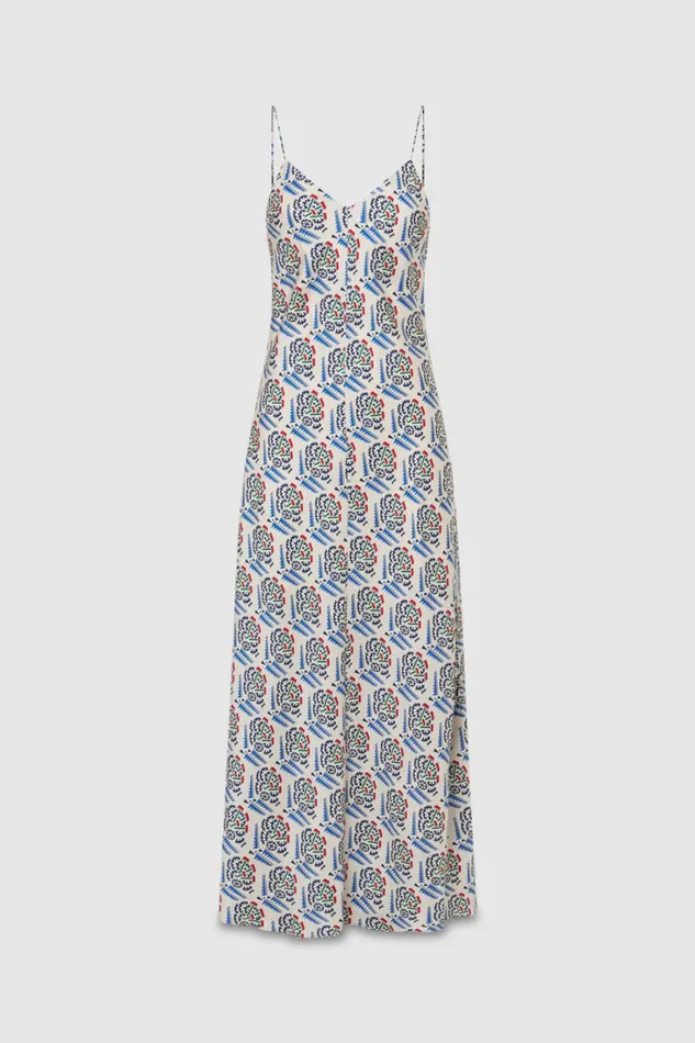 Oroton Zig Zag Flower Stamp Slip Dress Folk Blue Women Dresses