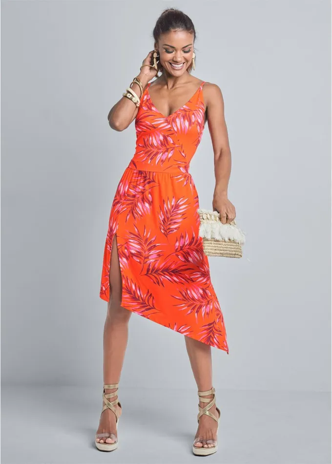 PALM LEAF ASYMMETRICAL DRESS Orange Multi Women VENUS Sundresses