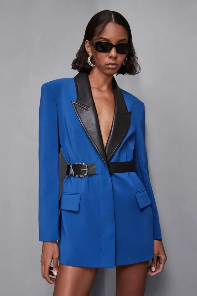 Patrizia Pepe Outerwear Mixed Fabric Jacket With Belt Blue 8211 Women