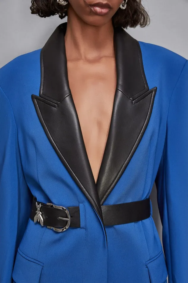 Patrizia Pepe Outerwear Mixed Fabric Jacket With Belt Blue 8211 Women