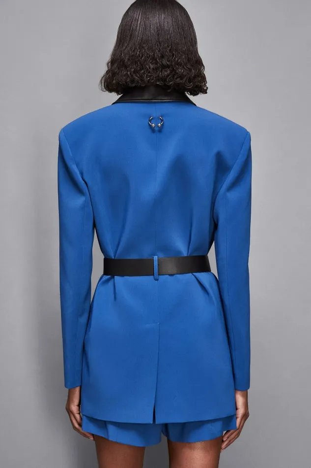 Patrizia Pepe Outerwear Mixed Fabric Jacket With Belt Blue 8211 Women