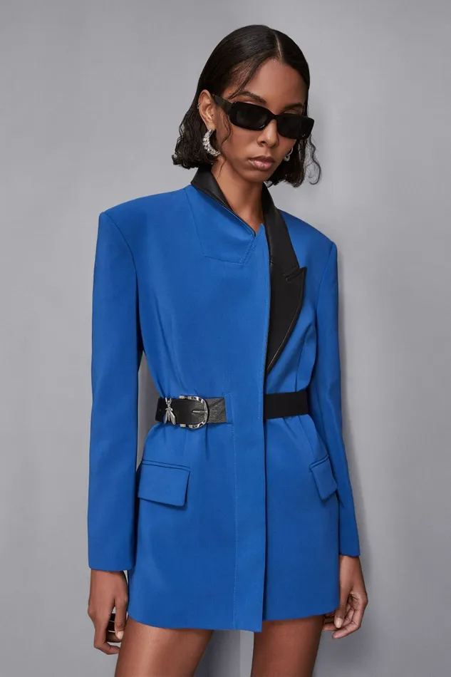 Patrizia Pepe Outerwear Mixed Fabric Jacket With Belt Blue 8211 Women