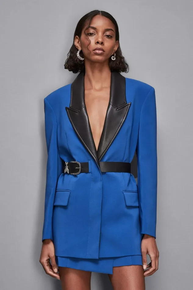 Patrizia Pepe Outerwear Mixed Fabric Jacket With Belt Blue 8211 Women
