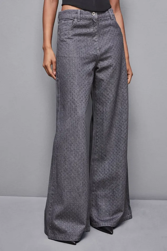 Patrizia Pepe Pants and Jeans Gray Wide Leg LowWaisted Jeans With Rhinestones Grey 8211 Women