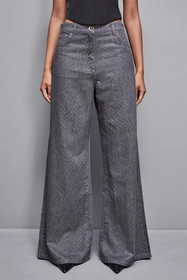 Patrizia Pepe Pants and Jeans Gray Wide Leg LowWaisted Jeans With Rhinestones Grey 8211 Women