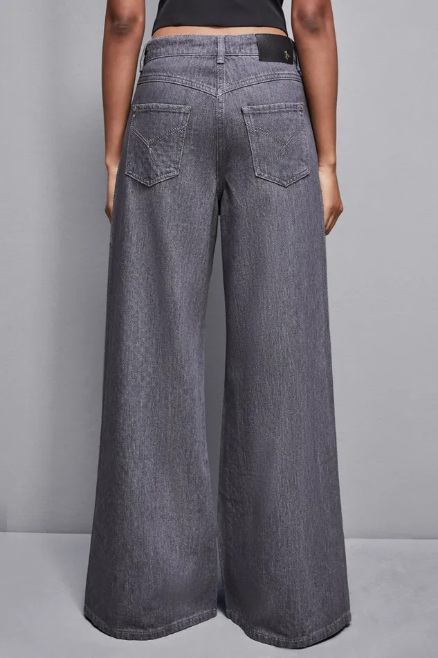 Patrizia Pepe Pants and Jeans Gray Wide Leg LowWaisted Jeans With Rhinestones Grey 8211 Women