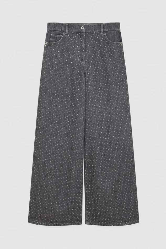 Patrizia Pepe Pants and Jeans Gray Wide Leg LowWaisted Jeans With Rhinestones Grey 8211 Women