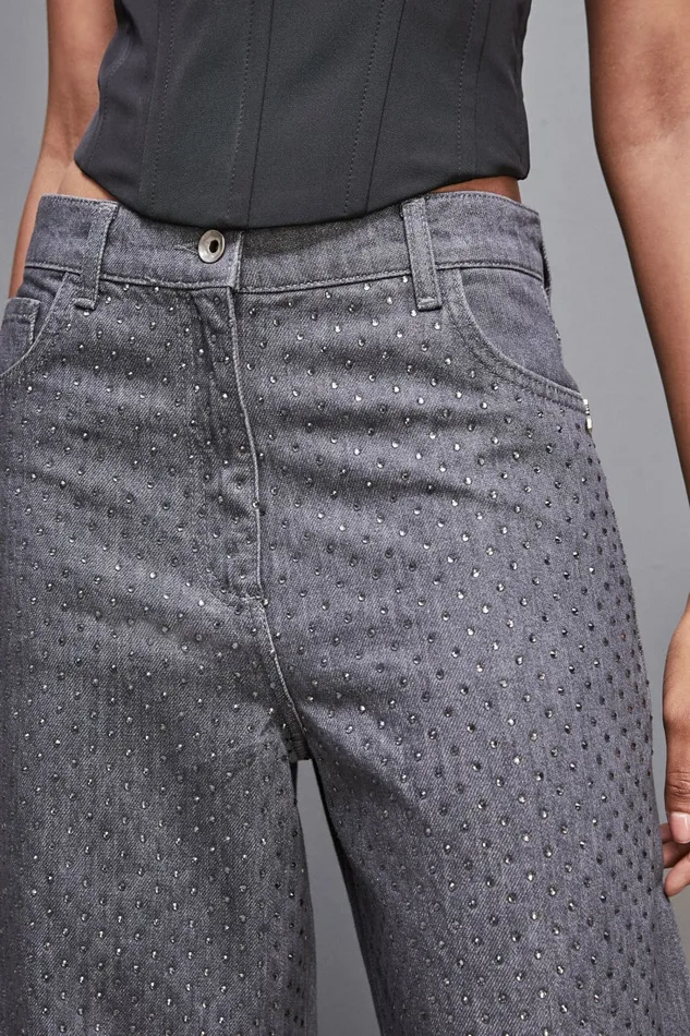 Patrizia Pepe Pants and Jeans Gray Wide Leg LowWaisted Jeans With Rhinestones Grey 8211 Women