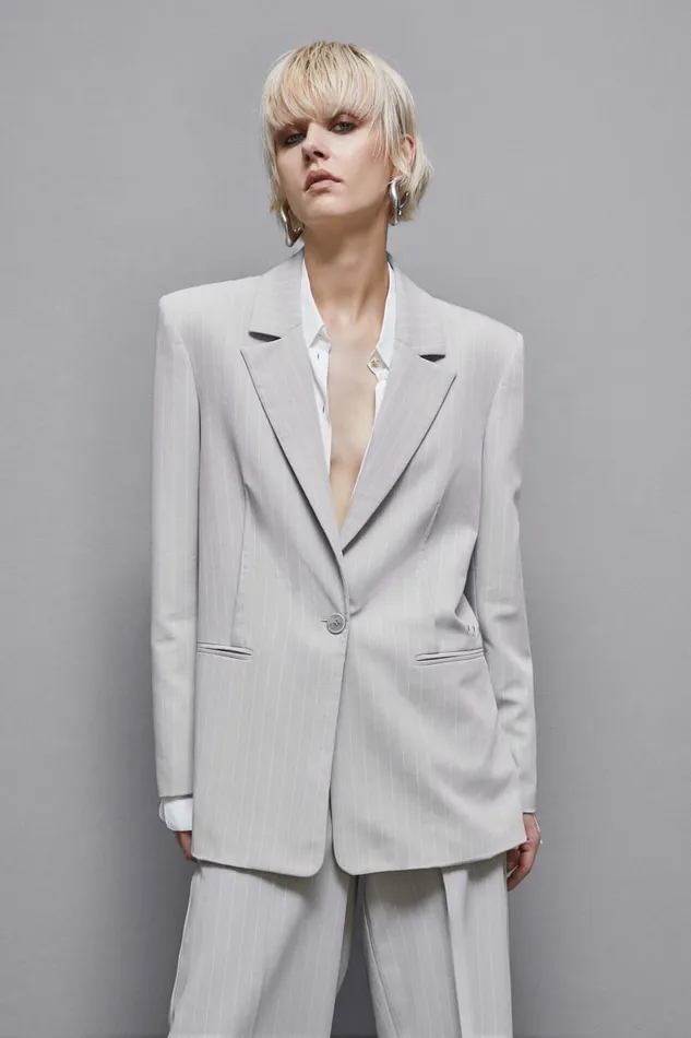 Patrizia Pepe Tailleur Pinstriped OneButton Flannel Blazer Grey 8211 Women