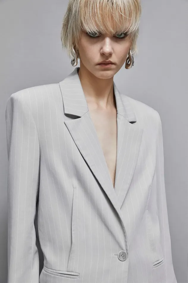 Patrizia Pepe Tailleur Pinstriped OneButton Flannel Blazer Grey 8211 Women