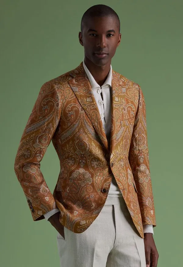 Paulstuart Printed Paisley Linen Jacket Gold Mens Blazers and Jackets Paulstuart Printed Paisley Linen Jacket Gold Mens Blazers and Jackets