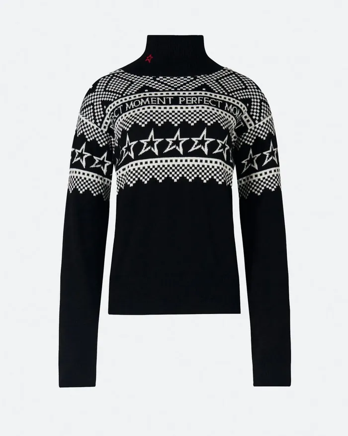 Perfect Moment IntarsiaKnit Merino Wool Turtleneck Black Women Tops