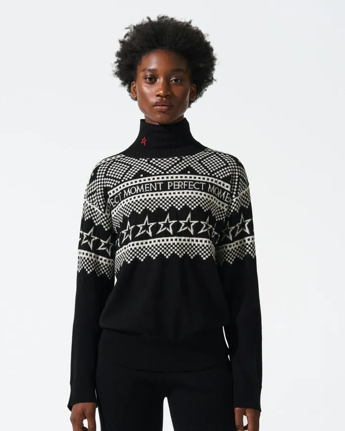 Perfect Moment IntarsiaKnit Merino Wool Turtleneck Black Women Tops