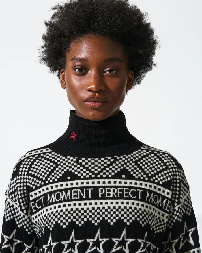 Perfect Moment IntarsiaKnit Merino Wool Turtleneck Black Women Tops