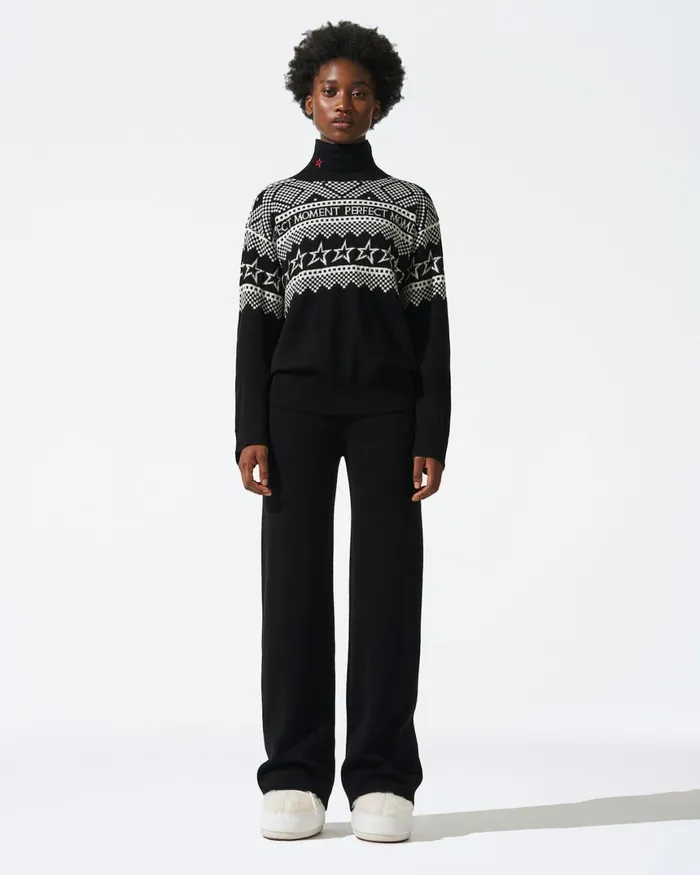Perfect Moment IntarsiaKnit Merino Wool Turtleneck Black Women Tops