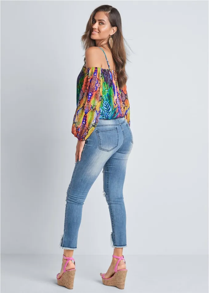 Printed Coldshoulder Top Teal Multi Women VENUS Night Out Tops
