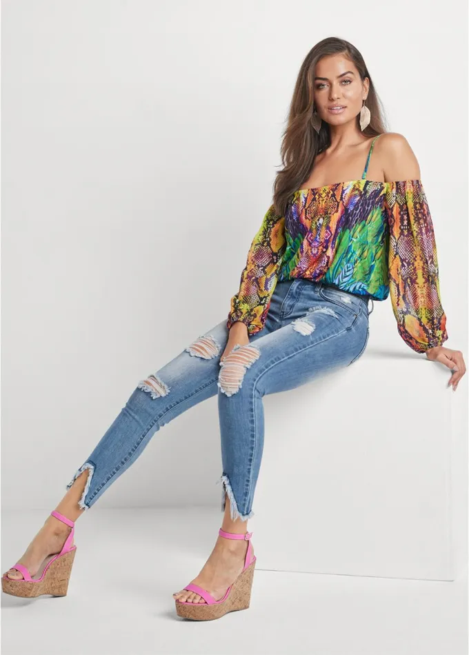Printed Coldshoulder Top Teal Multi Women VENUS Night Out Tops
