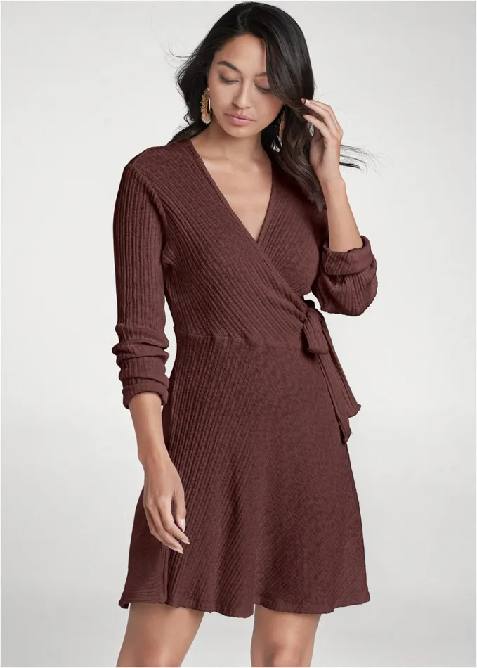 Ribbed Tie Front Aline Dress Dark Brown Women VENUS Casual Dresses