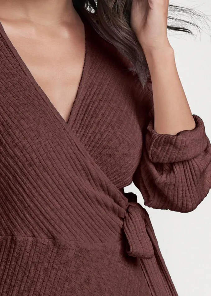 Ribbed Tie Front Aline Dress Dark Brown Women VENUS Casual Dresses