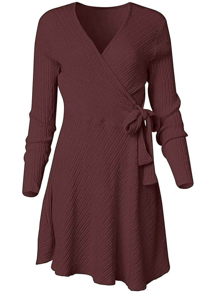Ribbed Tie Front Aline Dress Dark Brown Women VENUS Casual Dresses