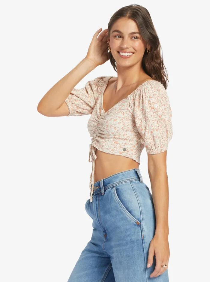 Roxy Tops Flirty Walk Printed Ruched Crop Top Tapioca Pretty Paisley 8211 Women