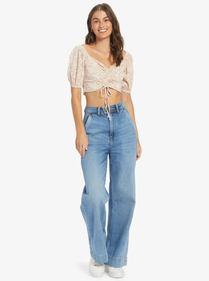 Roxy Tops Flirty Walk Printed Ruched Crop Top Tapioca Pretty Paisley 8211 Women