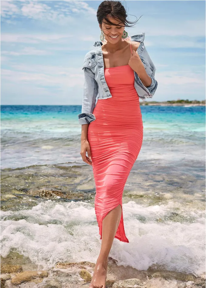 RUCHED BODYCON SIDE SLIT MAXI DRESS Coral Women VENUS Maxi Dresses