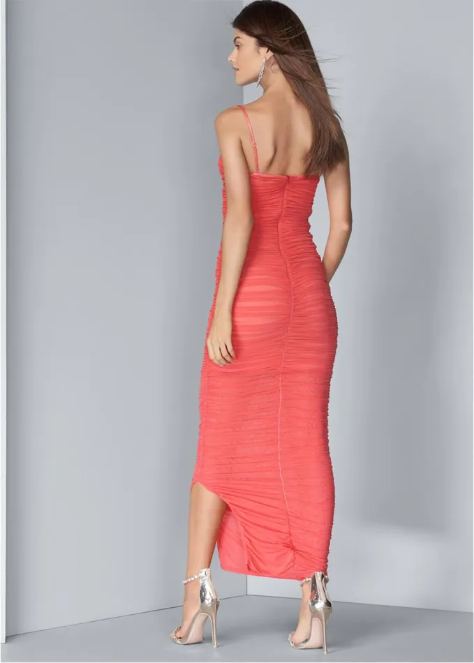 RUCHED BODYCON SIDE SLIT MAXI DRESS Coral Women VENUS Maxi Dresses
