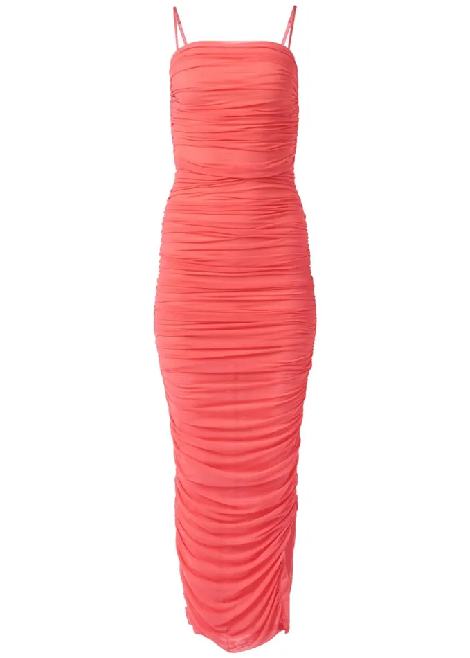 RUCHED BODYCON SIDE SLIT MAXI DRESS Coral Women VENUS Maxi Dresses