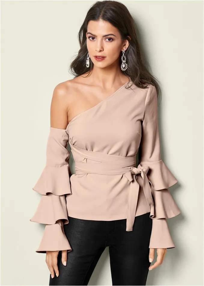 Ruffle OffTheShoulder Top Tan Women VENUS Night Out Tops