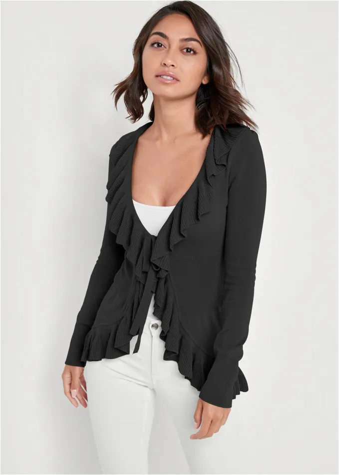 RUFFLE TIE FRONT CARDIGAN Black Women VENUS Cardigans and Dusters