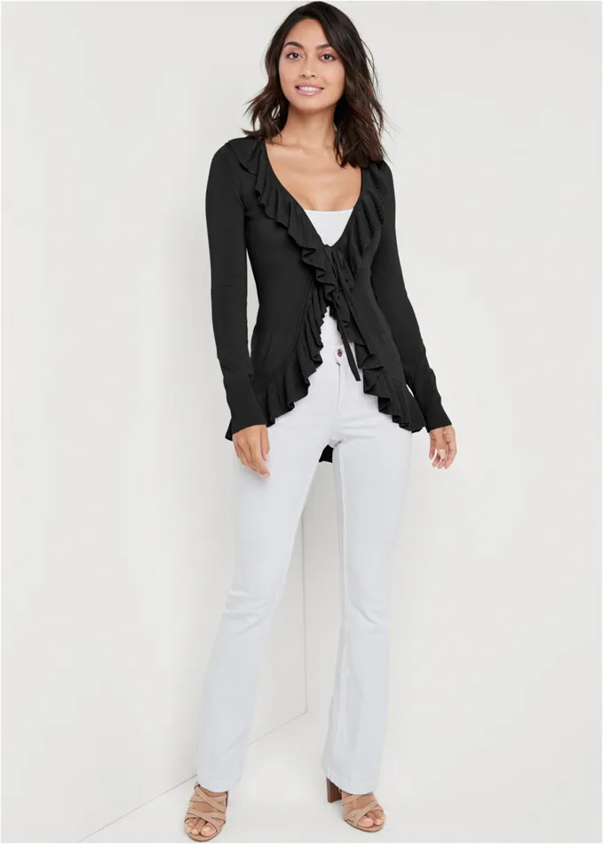 RUFFLE TIE FRONT CARDIGAN Black Women VENUS Cardigans and Dusters