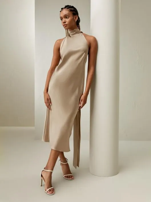 Satin Halter Midi Dress 8211 Elegant And Versatile Clothing For All Occasions Women Jumpsuits Lilysilk Dresses