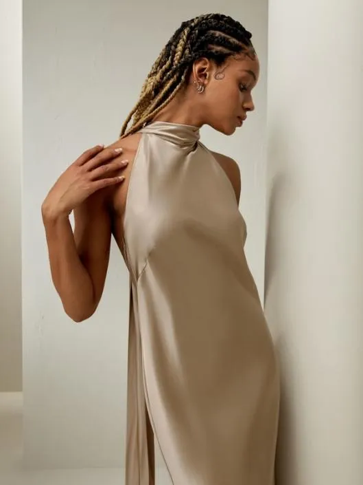 Satin Halter Midi Dress 8211 Elegant And Versatile Clothing For All Occasions Women Jumpsuits Lilysilk Dresses