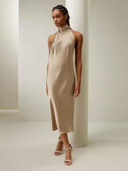Satin Halter Midi Dress 8211 Elegant And Versatile Clothing For All Occasions Women Jumpsuits Lilysilk Dresses