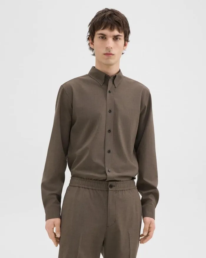 Shirts Men Theory Hugh Shirt In Virgin Wool Fossil Melange