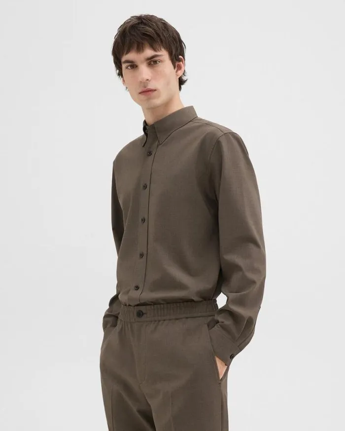 Shirts Men Theory Hugh Shirt In Virgin Wool Fossil Melange Shirts Men Theory Hugh Shirt In Virgin Wool Fossil Melange