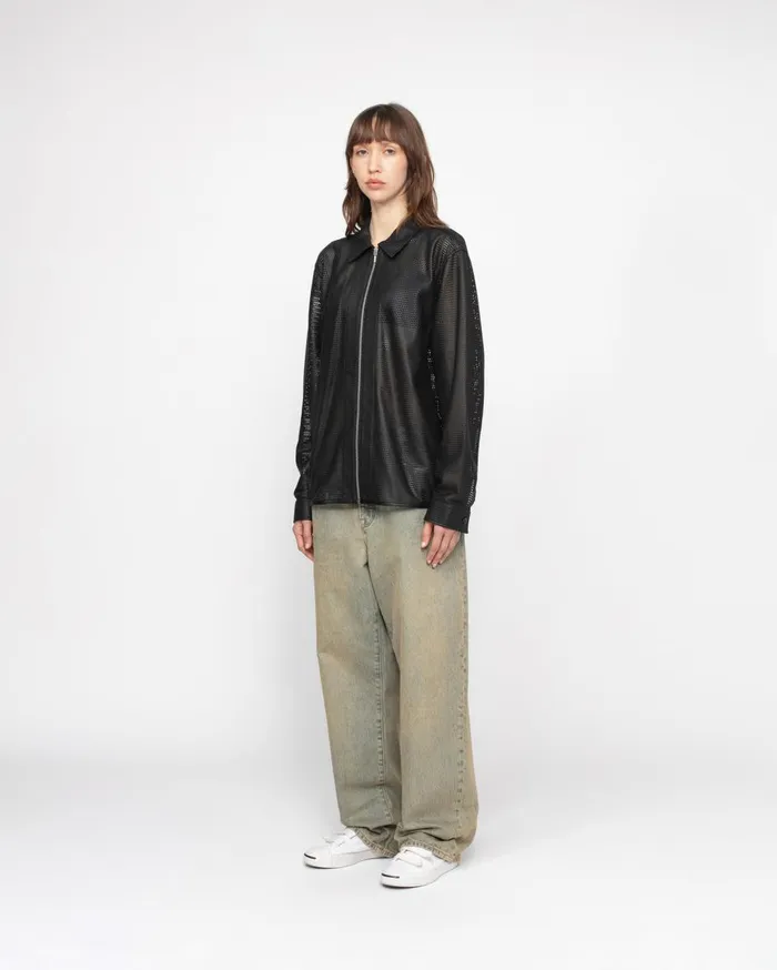 Shirts MenWomen Stussy ZIP SHIRT PERFORATED LEATHER Black