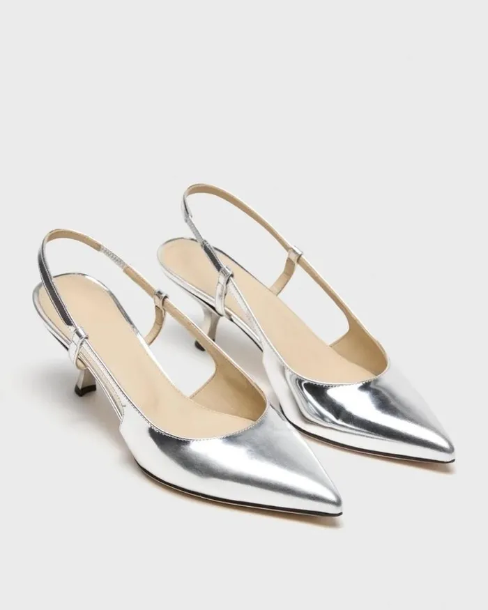 Shoes Women Theory Micro Slingback Pump In Metallic Leather Silver