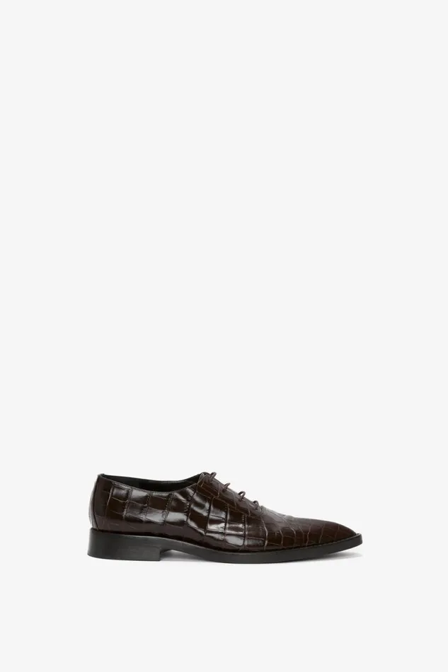 Shoes Women Victoria Beckham Pointy Toe Flat Lace Up In Chocolate CrocEffect Leather Shoes Women Victoria Beckham Pointy Toe Flat Lace Up In Chocolate CrocEffect Leather