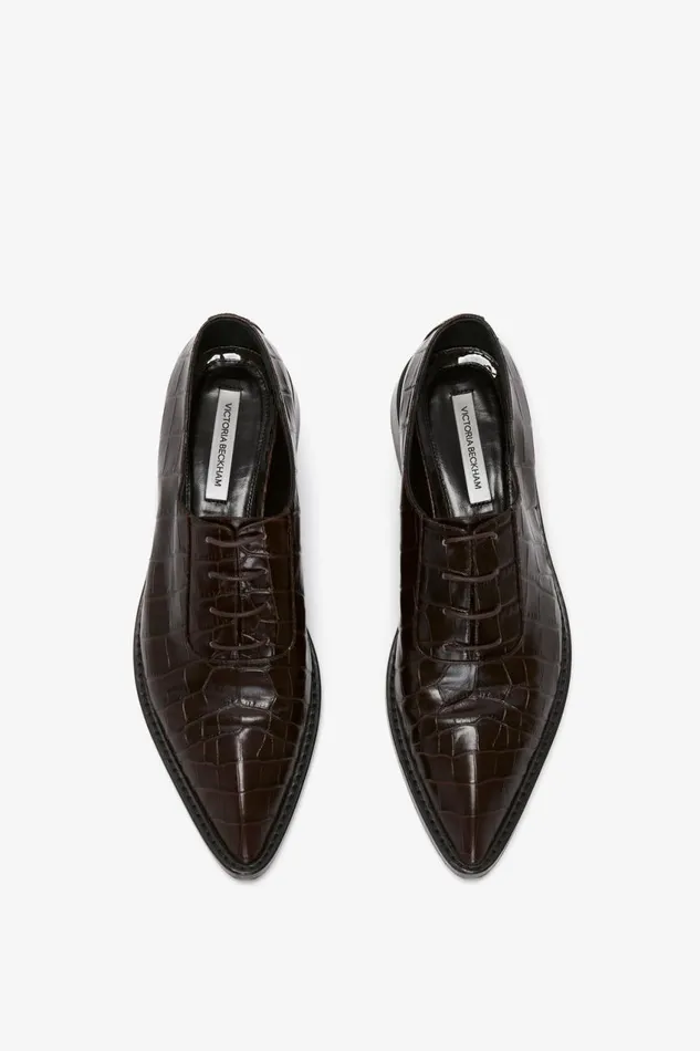 Shoes Women Victoria Beckham Pointy Toe Flat Lace Up In Chocolate CrocEffect Leather Shoes Women Victoria Beckham Pointy Toe Flat Lace Up In Chocolate CrocEffect Leather