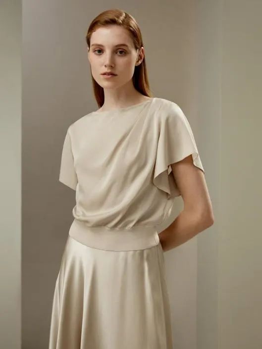Silk Short Sleeve Batwing Asymmetrical Shoulder Folds Shirt Women Lilysilk Tops Silk Short Sleeve Batwing Asymmetrical Shoulder Folds Shirt Women Lilysilk Tops