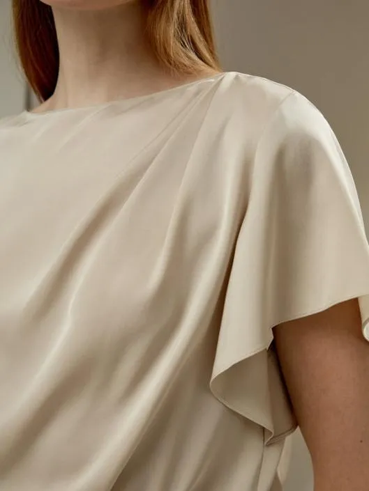 Silk Short Sleeve Batwing Asymmetrical Shoulder Folds Shirt Women Lilysilk Tops