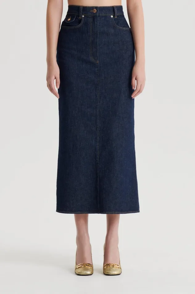 Skirts Women Scanlan Theodore DENIM FIVE POCKET PENCIL SKIRT Indigob Skirts Women Scanlan Theodore DENIM FIVE POCKET PENCIL SKIRT Indigob