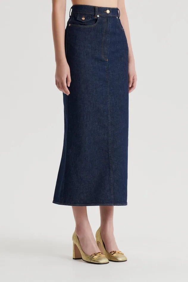 Skirts Women Scanlan Theodore DENIM FIVE POCKET PENCIL SKIRT Indigob Skirts Women Scanlan Theodore DENIM FIVE POCKET PENCIL SKIRT Indigob