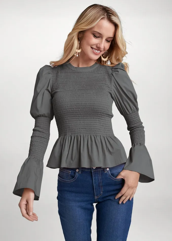 SMOCKED PEPLUM BLOUSE Dark Grey Women VENUS Blouses