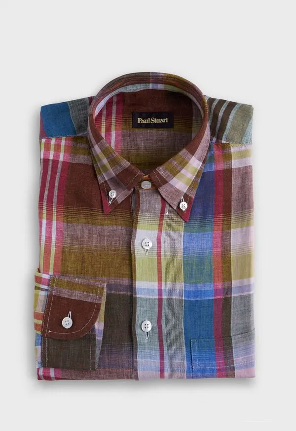 Sport Shirts Paulstuart Mens Linen Plaid Sport Shirt BrownGreen