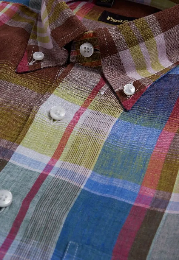 Sport Shirts Paulstuart Mens Linen Plaid Sport Shirt BrownGreen Sport Shirts Paulstuart Mens Linen Plaid Sport Shirt BrownGreen