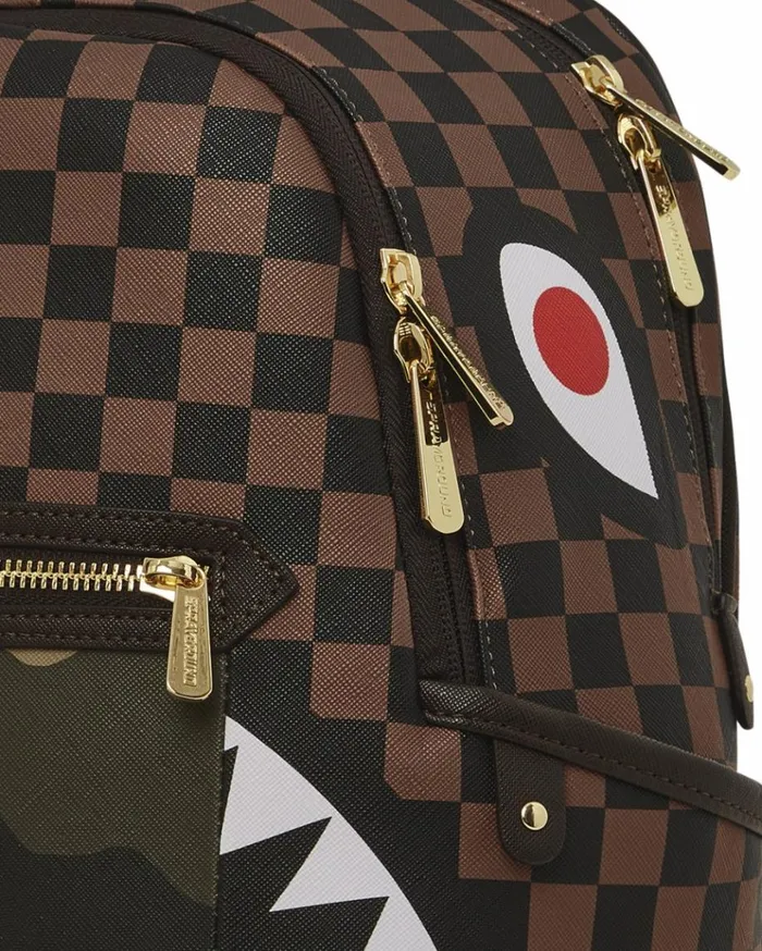 SPRAYGROUND EXTERIOR GOLD ZIP POCKET SHARKS IN PARIS SAVAGE BACKPACK Bags
