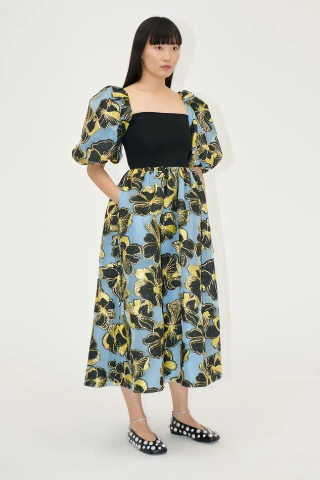 Stine Goya Dresses 34 Sleeve Combo Bodice Midi Dress 8211 Blue Anemone Jacquard 8211 Women Stine Goya Dresses 34 Sleeve Combo Bodice Midi Dress 8211 Blue Anemone Jacquard 8211 Women